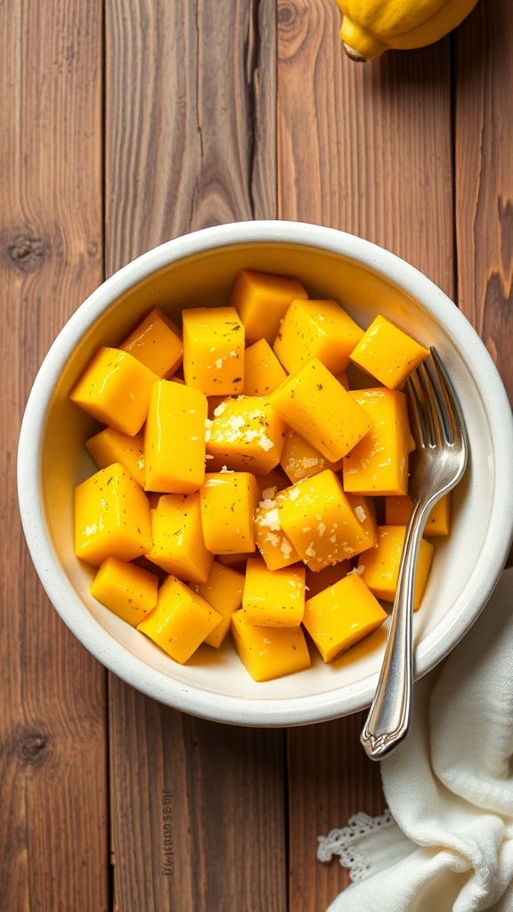 A bowl of tender yellow squash with olive oil and Parmesan cheese on a rustic table.